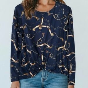 Navy Chain Print Long Sleeve Top